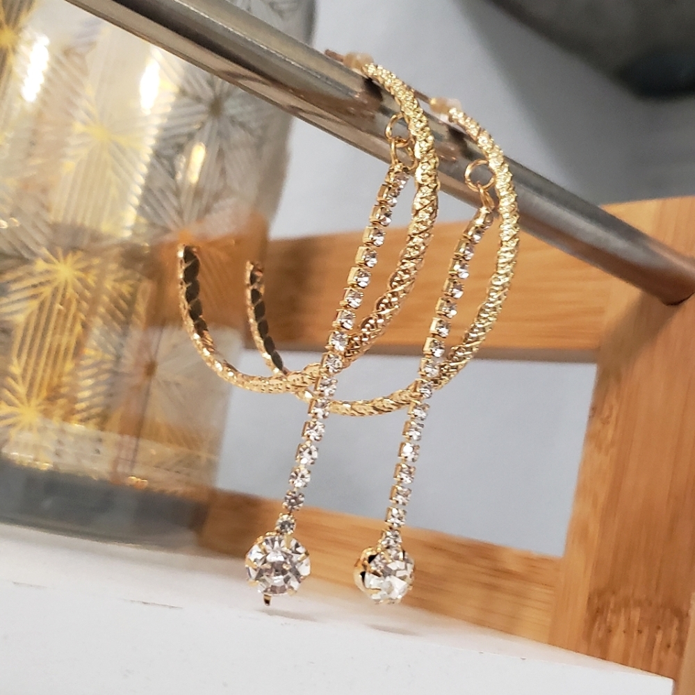 Gold Semi Hoops 💎 Hanging Cubic Zironia Droplets